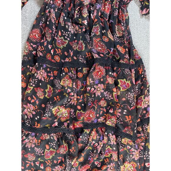 Floral Ruffle Midi Dress - Black and Red - Picture 4 of 9
